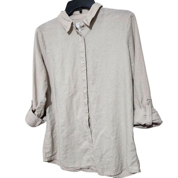 Morgan Taylor Linen Blend Shirt For Women Medium Roll Tab Sleeves Almond Color - Picture 1 of 9
